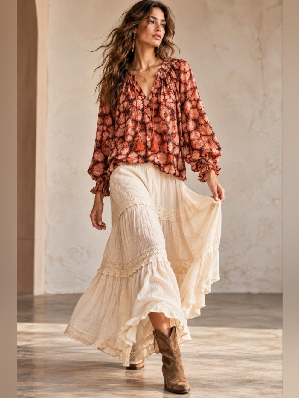 Porridge Anthropologie Elisabeth Floral Peasant Blouse Tassel Tie Size S